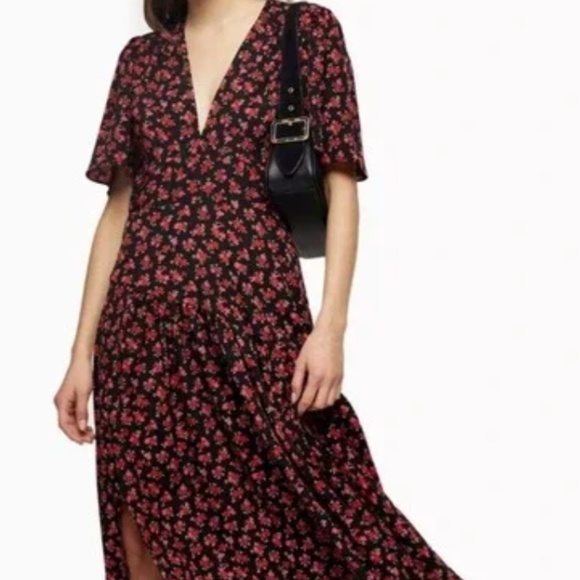 Topshop black/red floral print flutter sleeve | midi| size 2 - Picture 2 of 3